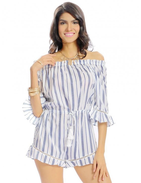 Women Casual Stripe Print Off Shoulder Half Sleeve jumpsuit