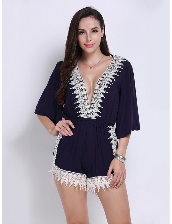 Women Deep V-neck Half Sleeves Lace Jumpsuit