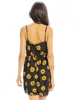 Women Casual Loose Sunflower Print Spaghetti Strap Backless O-neck Jumpsuit