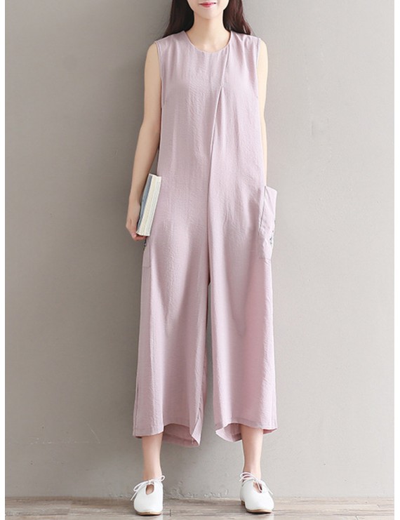 Women Vintage Sleeveless Pocket Back Zipper Wide Leg Jumpsuits