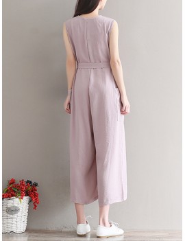 Women Vintage Sleeveless Pocket Back Zipper Wide Leg Jumpsuits