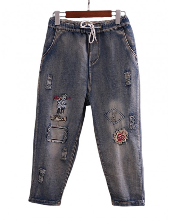 Casual Patch Embroidered Harem Denim