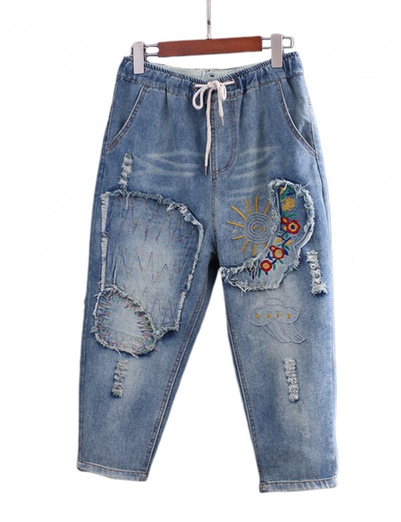 Casual Embroidery Patch Harem Denim