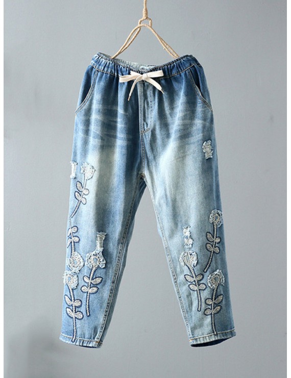 Embroidery Drawstring Waist Ripped Vintage Harem Denim