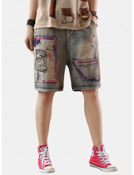 Cartoon Print Patch Casual Short Jeans For Women