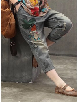 Casual Animal Patch Pockets Elastic Waist Denim