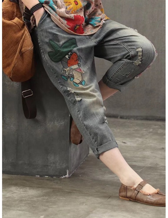 Casual Animal Patch Pockets Elastic Waist Denim