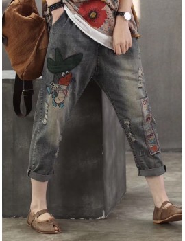 Casual Animal Patch Pockets Elastic Waist Denim