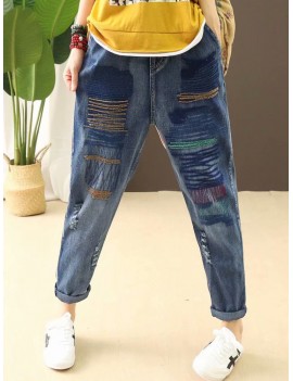 Stripe Embroidered Elastic Waist Ripped Jeans For Women