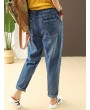 Stripe Embroidered Elastic Waist Ripped Jeans For Women