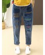 Stripe Embroidered Elastic Waist Ripped Jeans For Women