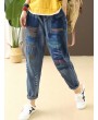 Stripe Embroidered Elastic Waist Ripped Jeans For Women