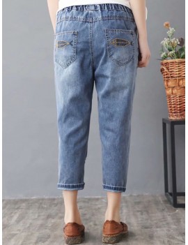 Vintage Embroidery Printed High Waist Mid-Calf Casual Jeans