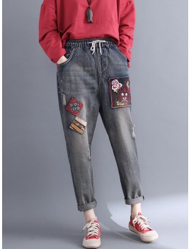 Casual Patchwork Embroidery Elastic Waist Denim