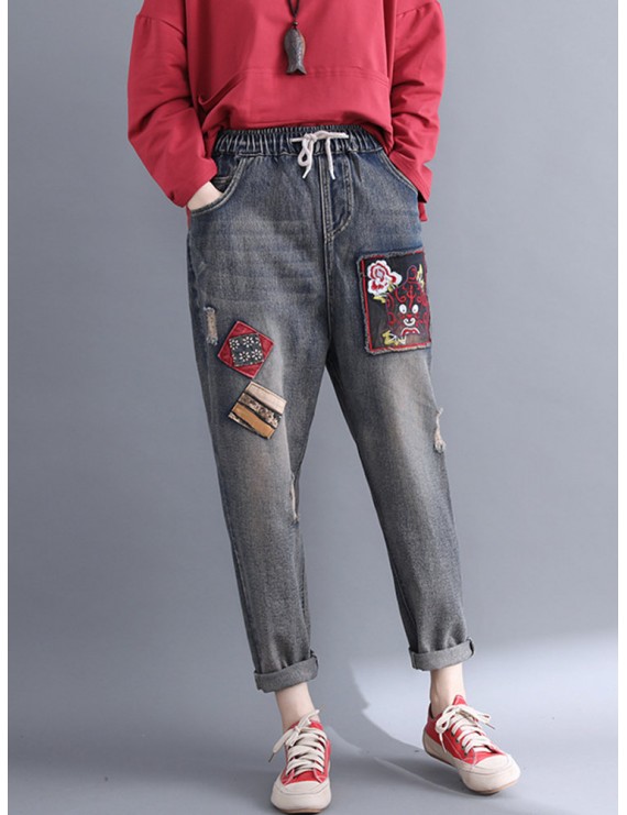 Casual Patchwork Embroidery Elastic Waist Denim