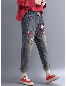 Casual Patchwork Embroidery Elastic Waist Denim