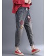 Casual Patchwork Embroidery Elastic Waist Denim