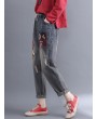 Casual Patchwork Embroidery Elastic Waist Denim