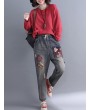 Casual Patchwork Embroidery Elastic Waist Denim