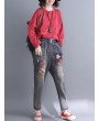 Casual Patchwork Embroidery Elastic Waist Denim