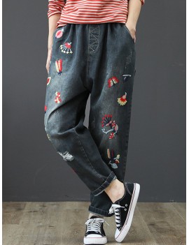 Vintage Embroidery Elastic Waist Harem Denim