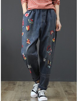 Vintage Embroidery Elastic Waist Harem Denim