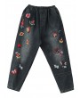 Vintage Embroidery Elastic Waist Harem Denim