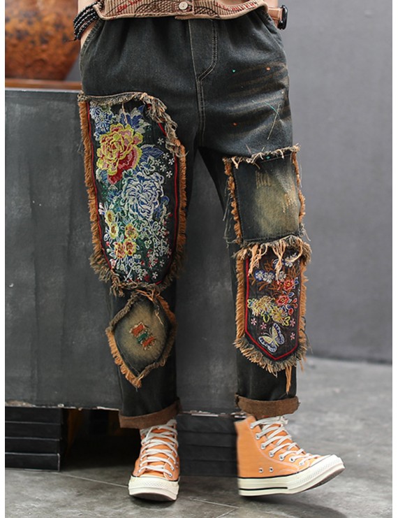 Patchwork Floral Embroidered Jeans For Women