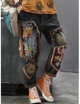 Patchwork Floral Embroidered Jeans For Women