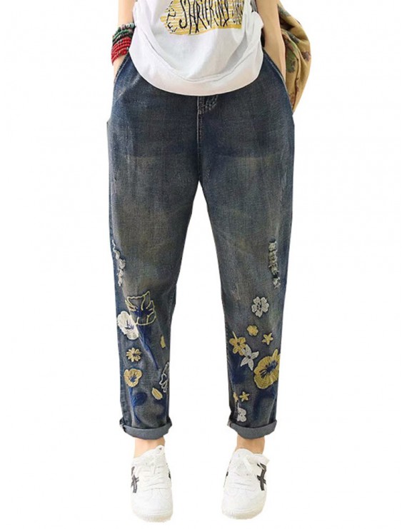 Casual Holes Flowers Embroidery Loose Old Harem Jeans