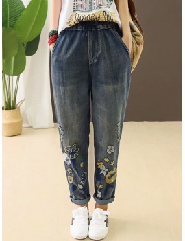 Casual Holes Flowers Embroidery Loose Old Harem Jeans