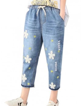 Casual Flower Embroidery Elastic Waist Blue Denim