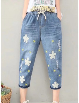 Casual Flower Embroidery Elastic Waist Blue Denim