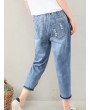 Casual Flower Embroidery Elastic Waist Blue Denim