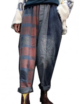 Vintage Patch Plaid Loose Denim