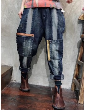 Casual Patch Pockets Elastic Waist Loose Harem Denim