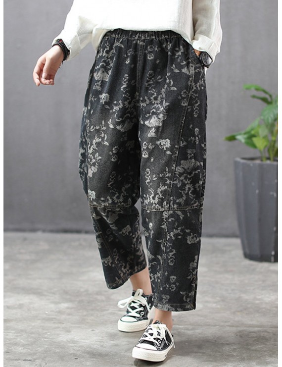 Printed Patchwork Pocket Loose Ankle Length Jeans