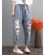 Loose Cat Embroidery Patch Elastic Waist Harem Pants