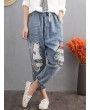 Loose Cat Embroidery Patch Elastic Waist Harem Pants