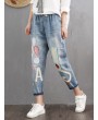 Loose Cat Embroidery Patch Elastic Waist Harem Pants