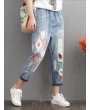 Loose Cat Embroidery Patch Elastic Waist Harem Pants