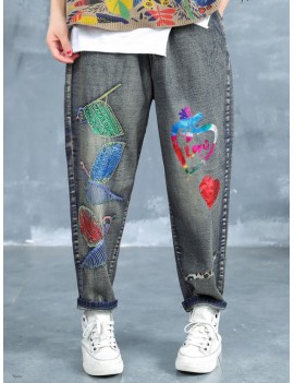 Vintage Embroidery Printed High Waist Loose Casual Jeans