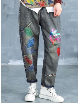 Vintage Embroidery Printed High Waist Loose Casual Jeans