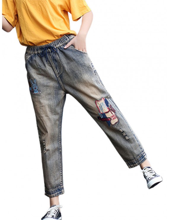 Patch Letters Elastic Waist Casual Denim