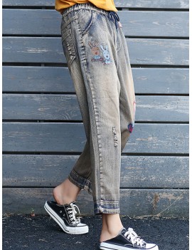 Patch Letters Elastic Waist Casual Denim