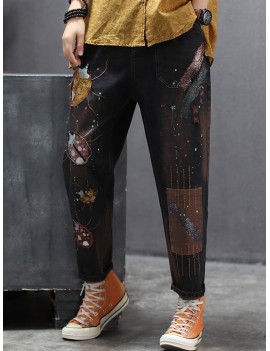 Patch Embroidered Drawstring Waist Ripped Jeans For Women