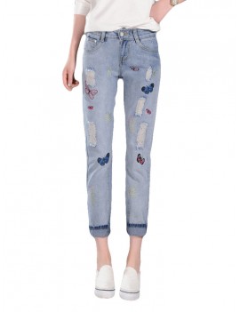 Butterfly Embroidered Hole Harem Jeans