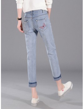 Butterfly Embroidered Hole Harem Jeans