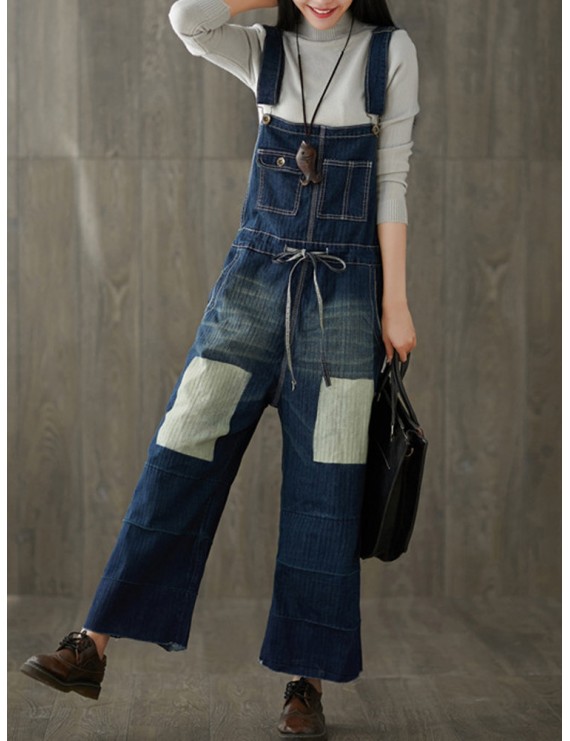 Vintage Double Pockets Patchwork Hole Old Jeans For Women