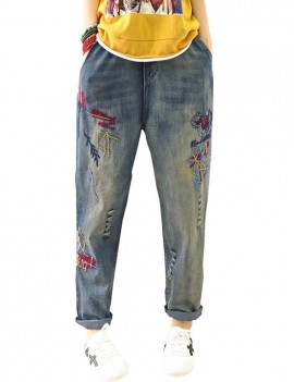 Cartoon Embroidery Loose Harlan Jeans For Women